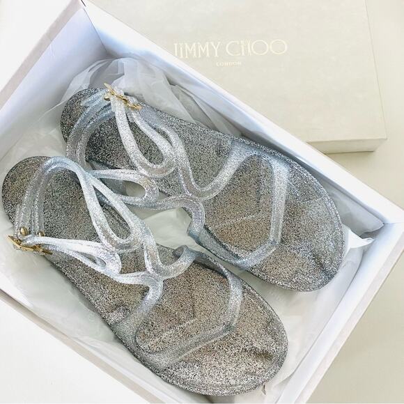NEW JIMMY CHOO Lance Jelly Gladiator Silver Sparkle Double Strap Sandals 40 10 - Picture 2 of 15